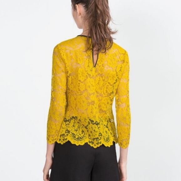 Yellow Lace & Black Faux that Leather Trim Scallop Hem Top - Picture 8 of 9